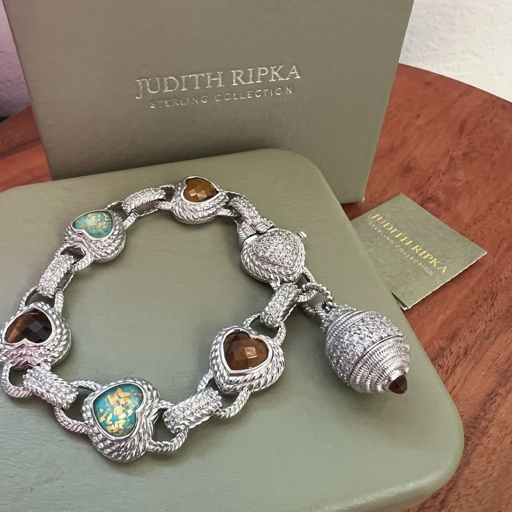 Judith Ripka Turquoise & Tigers Eye Doublet Heart-shaped Bracelet - Picture 6 of 11